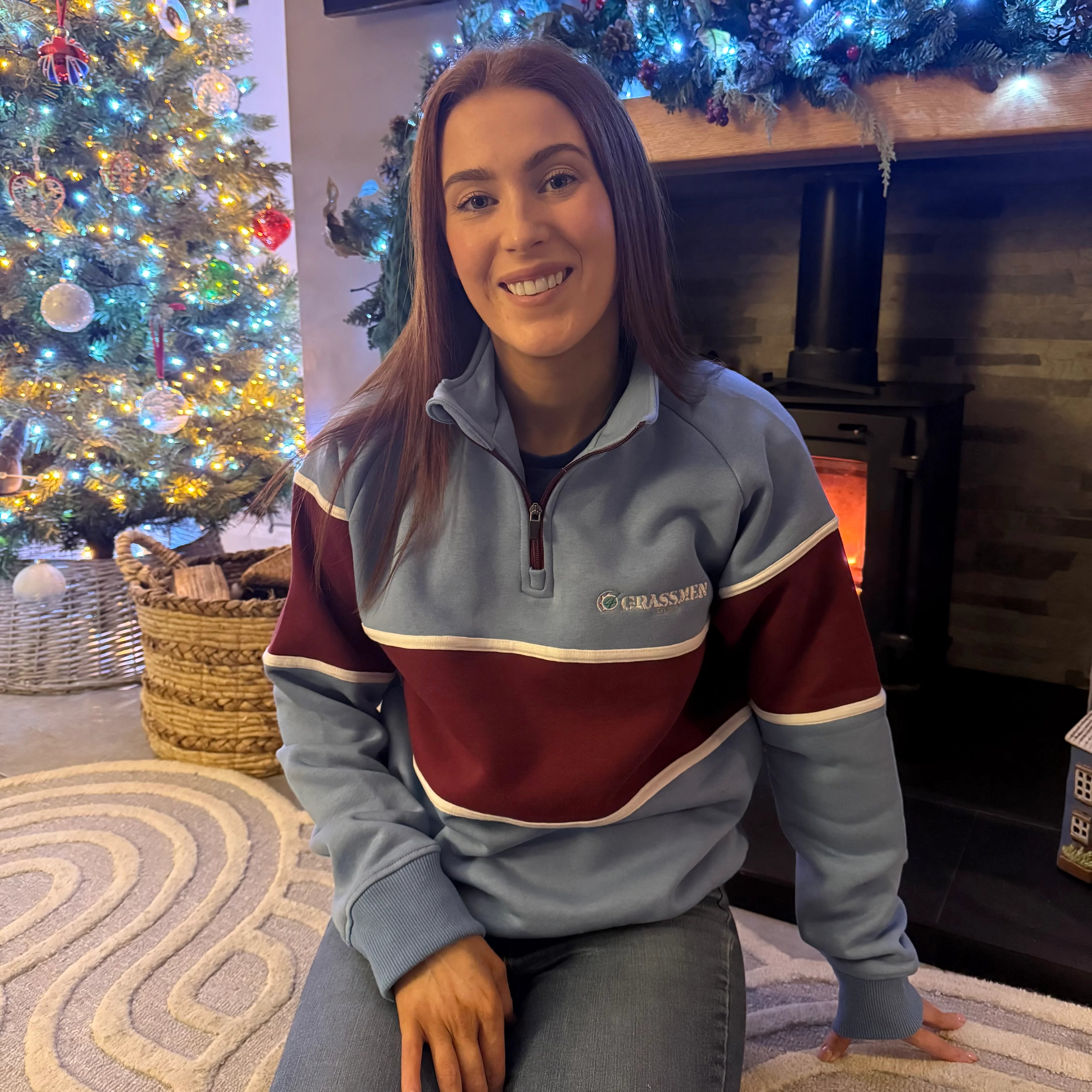 GRASSMEN Sky Blue, Burgundy & White - Adults Unisex Cotton Quarter Zip