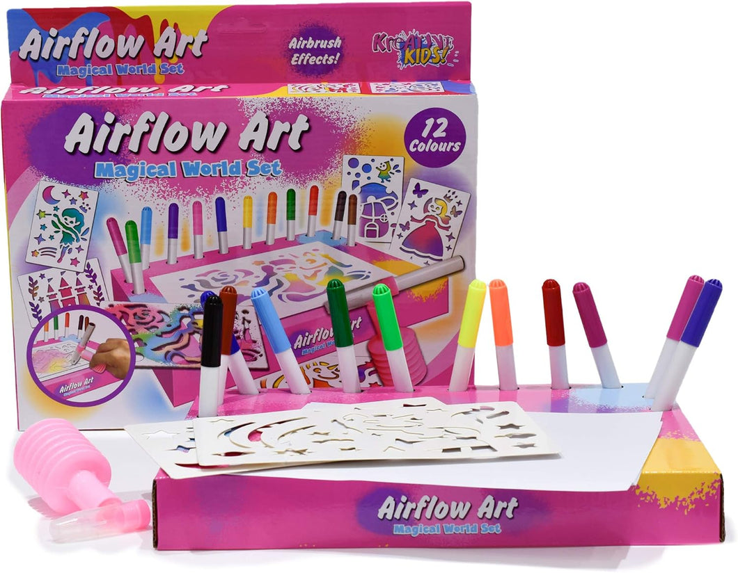 Airflow Art Magical World Set Including 12 Colours And Airflow Pen Adaptor - Airbrush Art - Girls Craft Toys