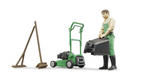 bworld gardener with lawnmower and equipment