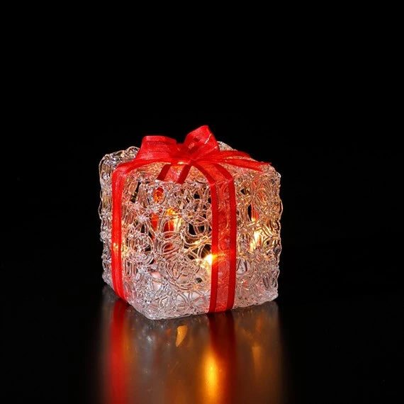 10cm Acrylic Light Up Christmas Present Warm White LEDs