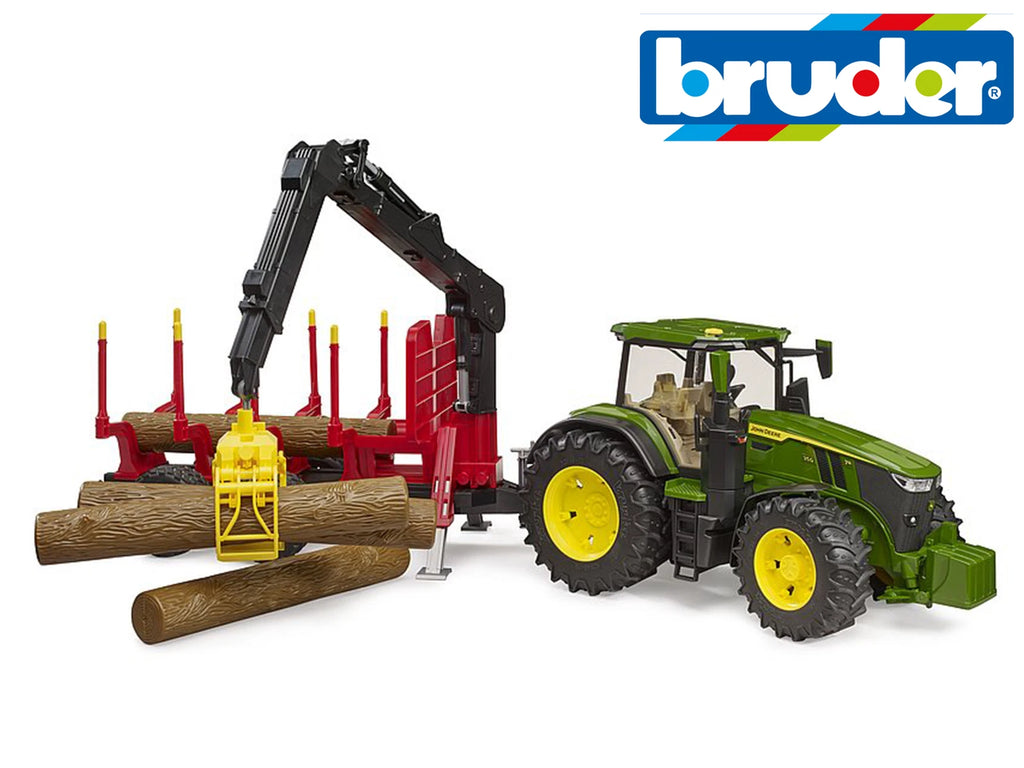 Bruder John Deere 7R 350 Tractor Forestry Trailer Grab + Tree Trunks
