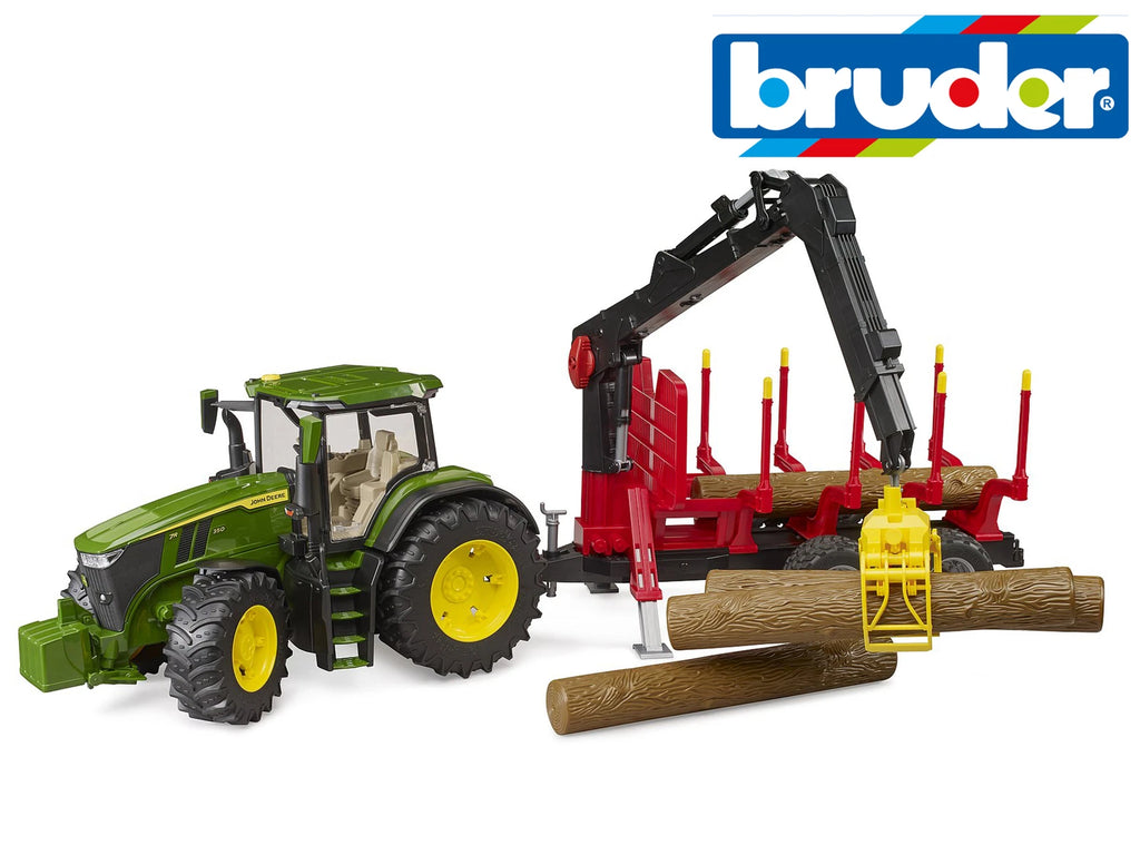 Bruder John Deere 7R 350 Tractor Forestry Trailer Grab + Tree Trunks