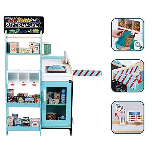 Supermarket Wood (MDF) I Modern Store incl Cash Register, Barrier & Play Money