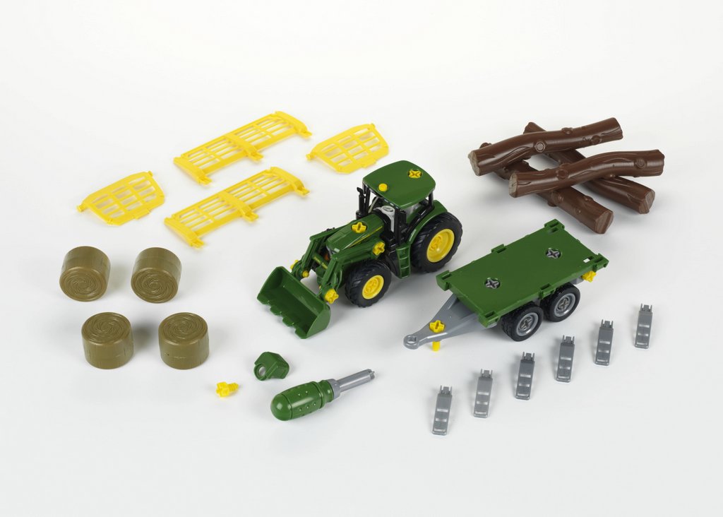 John Deere tractor with wood and haycart trailer