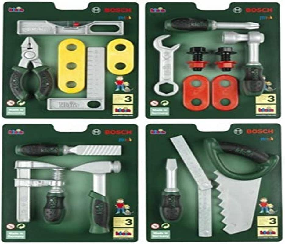 Theo Klein 8007 Bosch Tool Set on card, sorted into 4 parts