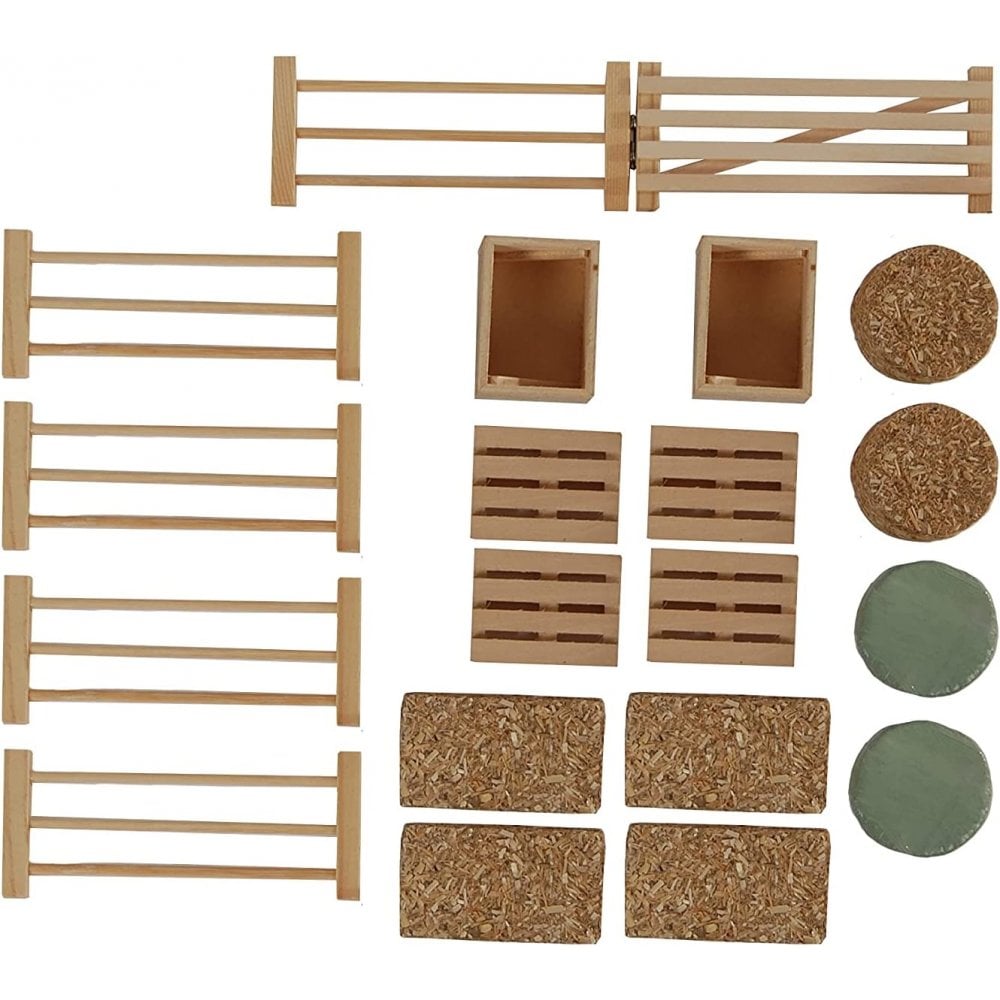 Kids Globe Farm Accessory Set - Fences Hay Bales Pallets etc 19 Pieces Wooden
