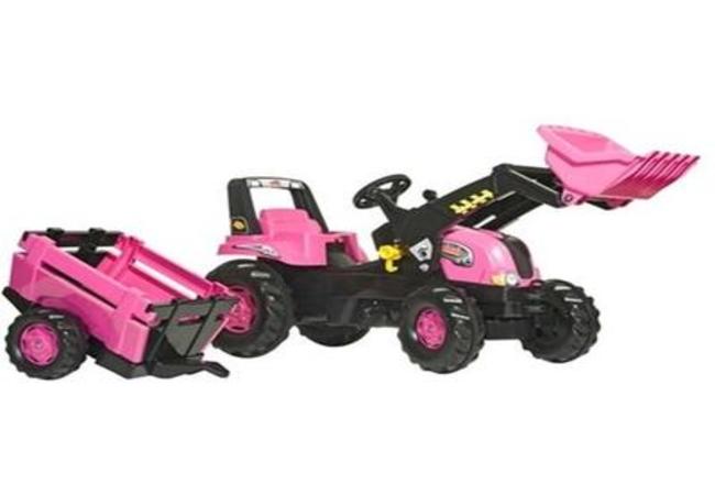 Pink Rolly tractor with loader and trailer